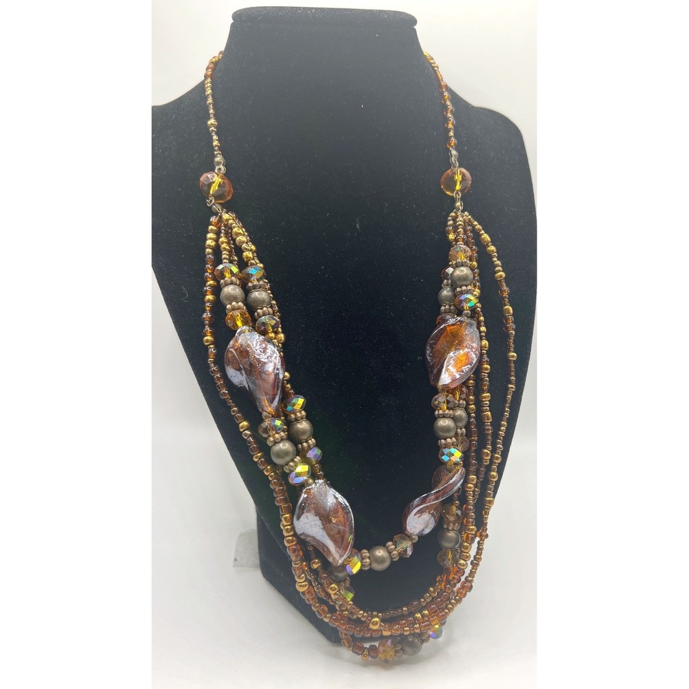 CJ Banks Layered Amber‎ Brown Glass Bead Necklace Signed Adjustable